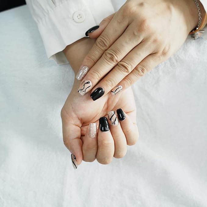 Marble Press on Nails, Handmade Short Coffin Black White 3D Glossy Acrylic Fake Nails Zebra Print with Silver Glitter Effects for Modern Art Nails (Zebra Stripe,L)