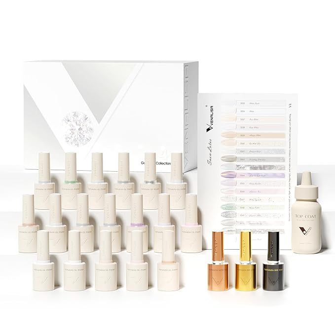 VENALISA V4 22 Pcs 10 ML White Gel Nail Polish Set with Color Card, Cat Eye Milky White Glitter Gel Polish Color Nail Art Starter Manicure Salon DIY at Home