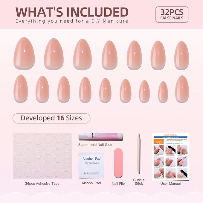 32 Pcs Pink Press on Nails Short Fake Nails Almond False Nails with Solid Color Designs Glossy Acrylic Nails with Glue on Nails Full Cover Salon Quality Stick on Nails Kit for Women DIY Manicuare