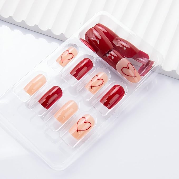 Red Press on Nails Medium Square Fake Nails Wine Red Heart False Nails Glossy Solid Color Glue on Nail Valentine's Day Acrylic Nails for Women Manicure 24Pcs