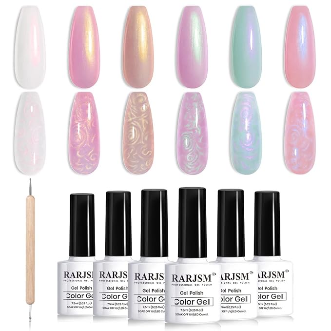RARJSM Pearl Gel Nail Polish Shell Glitter Pearlescent Shell Gel Polish Set 6 Colors Pink White Green Purple Shimmer Mermaid Swirl Thread Effect Soak Off Curing Requires DIY Manicure Use