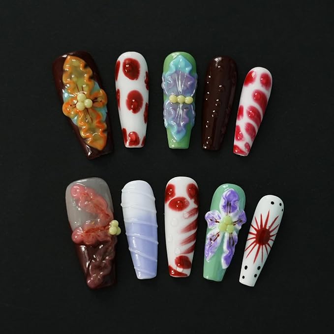 Long Coffin Press On Nails with 3D Floral Design - Summer Multicolor Thick Luxury False Nails Reusable Acrylic Nails (Summer Stories,L)