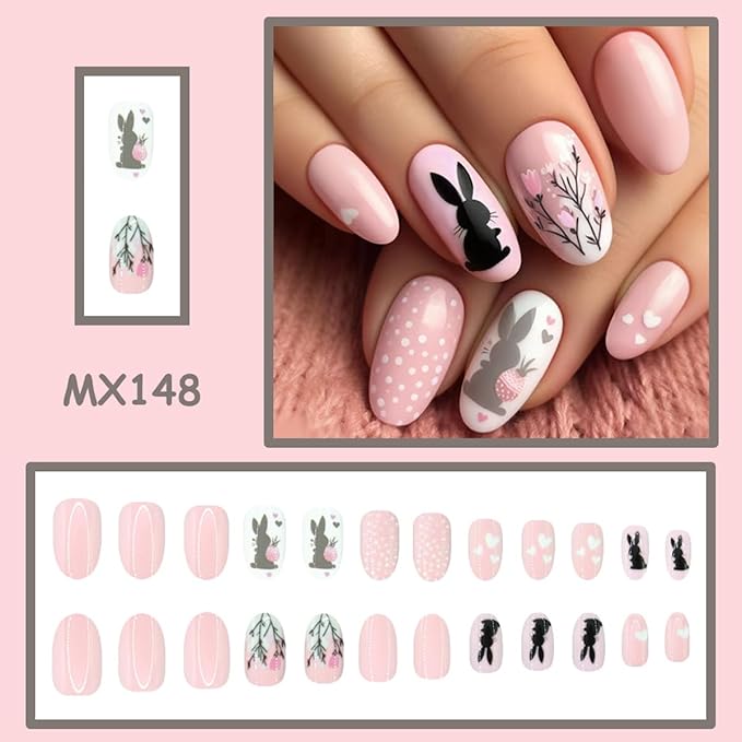 Pink Easter Press on Nails - Medium Oval Fake Nails with Cute Rabbit | Flower | Heart Designs False Nails Press ons Reusable Full Cover Stick on Nails Easter Nails for Women Manicure 24Pcs