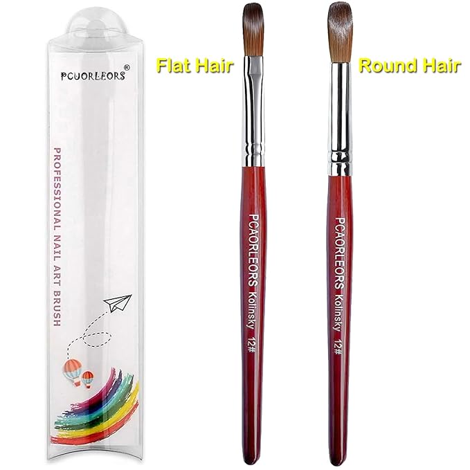 Acrylic Nail Brush with Pure Kolinsky Sable Hair and Red Wood Hand, Round/Flat Professional Gel Brush for Acrylic Power and Nail Extension Size #8,10,12 (2Pack(#12))