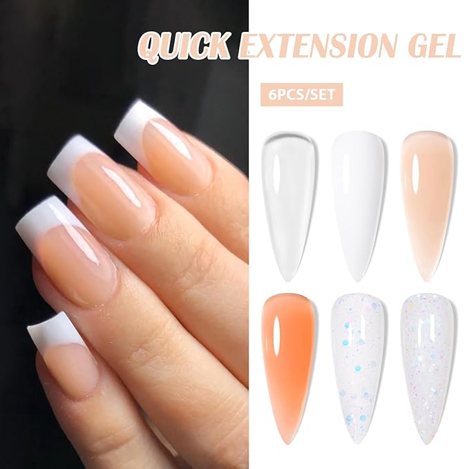 MTSSII Builder Nail Gel Kit: 6 Colors Thickening Builder Nail Gel Clear White Nude Glitter Nail Strengthener Soak Off UV Extension Gels with 100PCS Forms Brush Pen Manicure Tools Home Salon DIY