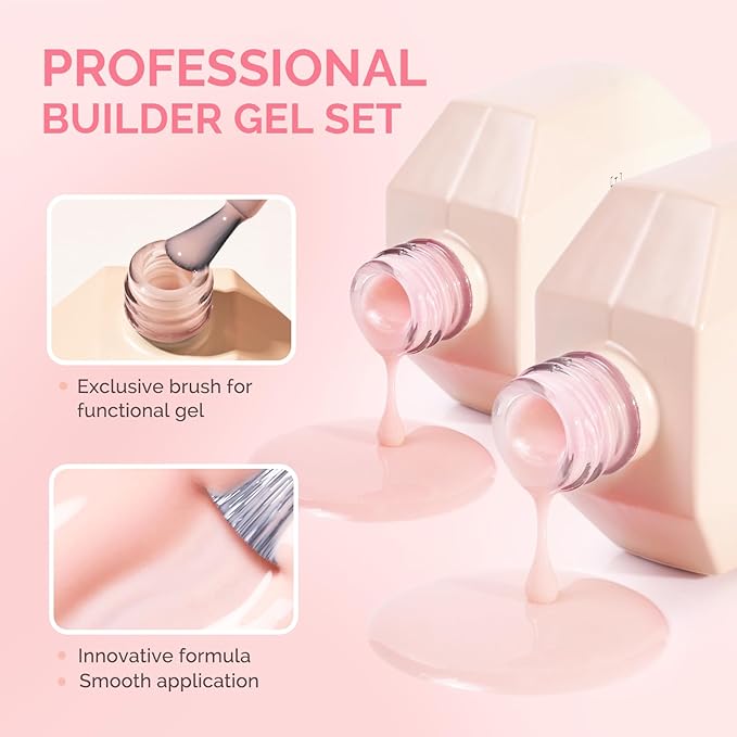 MelodySusie 2PCS 15ML Nude Builder Gel Set for Nails Thickening, Soak Off UV Extension Gel Rhinestone Glue in a Bottle for Nail Art Design Gift for Women DIY Manicure at Home 018+019