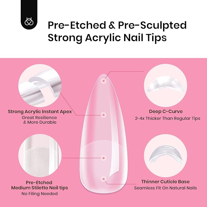 Beetles Tipex Nail Tips Kit Medium Stiletto, 224Pcs 16 Sizes,Pre-building Pre-Etched Strong Thicker Acrylic Tips with Mini U V Lamp Tipex Nail Glue
