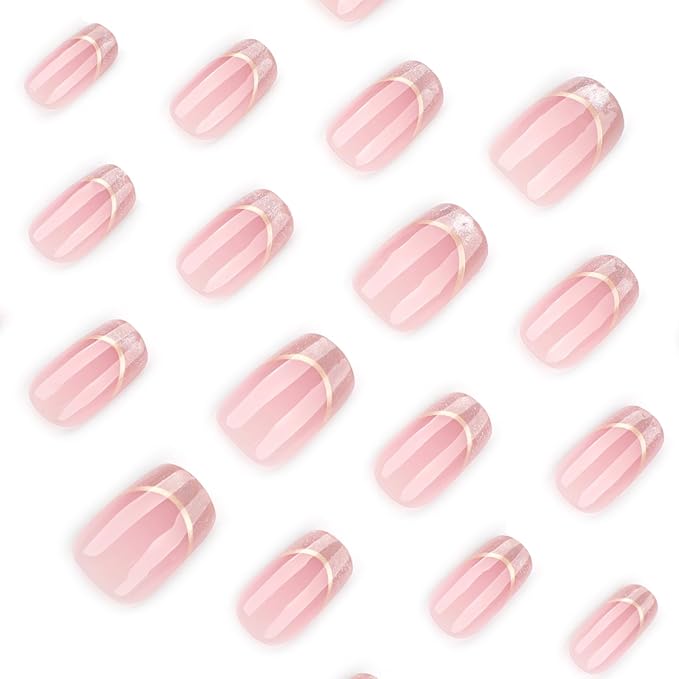 Short Almond Press On Nails Nude Glitter French Tips with Gold Outline, Glossy Acrylic Fake Nails, Reusable Stick On Nails Kit with Glue for Women, Elegant Shimmery Manicure Set