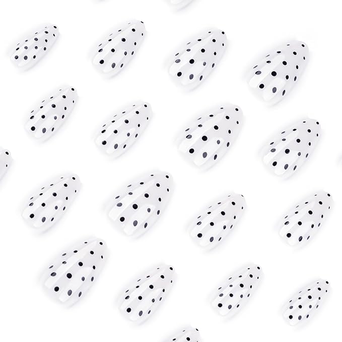 White Press on Nails Medium Almond MABKJLF Fake Nails False Nails with Black Polka Dots Designs Glossy Glue on Nail Reusable Full Cover Acrylic Nails for Women Girls 24Pcs