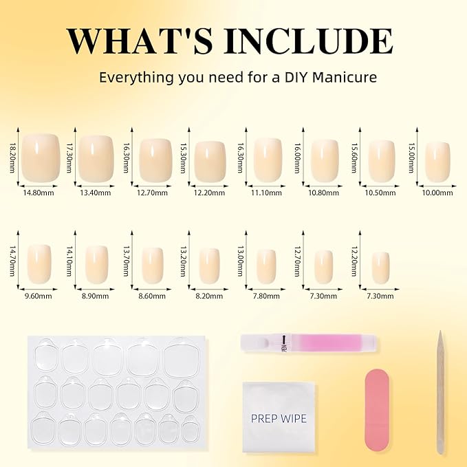 Press On Nails - Short Square Yellow Fade Press on Nails Glossy Finish Nails Press Ons for Women DIY Fake Nails Kit with Glue, Reusable Glue on Nails Short in 15 Sizes - 30pcs, Butter Milk