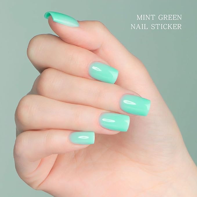 JMEOWIO Semi Cured Gel Nail Strips Green Gel Nail Stickers Nails Art Design Decoration Accessories