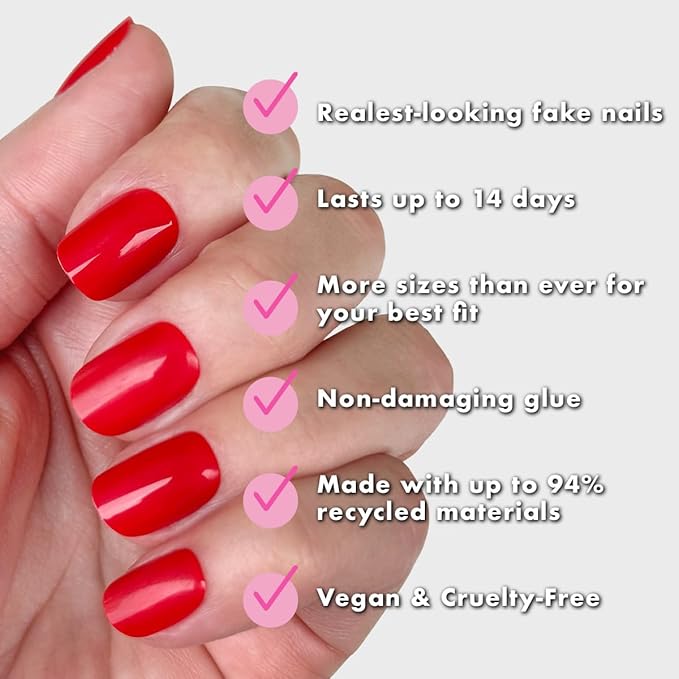 Olive & June Instant Mani Press-On Nails (Glue) | 42 Fake Nails, 21 Sizes | Non-Toxic, Long-Lasting Recycled Materials Realistic Look | Salon-Quality at Home | Short, Squoval | CV Cherry Red