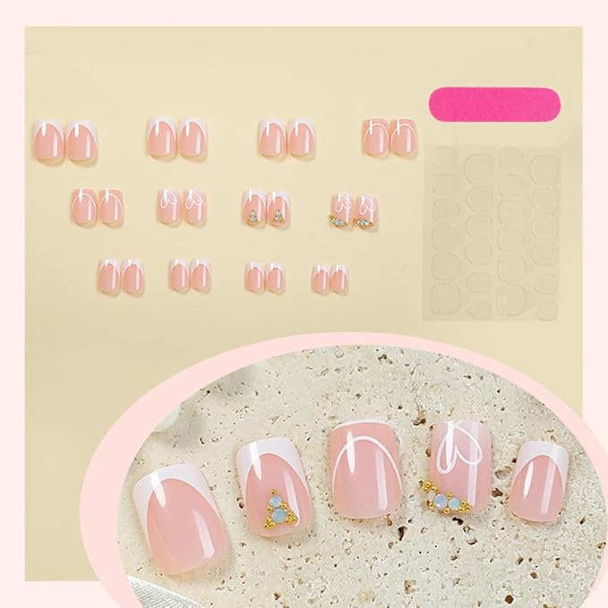 24Pcs Valentines Day French Tip Press on Nails Short Square Heart Fake Nails with Rhinestones Designs Glossy Nude Pink Stick on Nails White Heart Glue on Nails Valentines False Nails for Women Girls