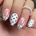 Curvlife Press On Nails – 30PCS Full Cover False Natural Fit Soft Gel Fake Nails Tips, Easy to Apply at Home Glue On False Nails Kit (Black Polka Dot Nails, Medium)