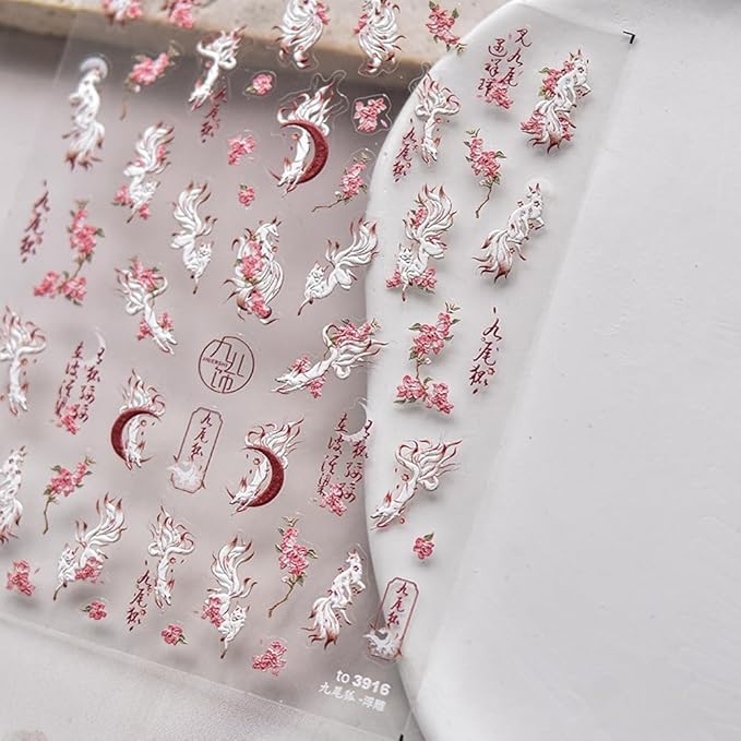 2Sheets Nail Art Sticker Ink Painting Foxs Nail Decals Black White Archaic Style Nine-Tailed Fox Art Manicure for Women Girls (Fox)