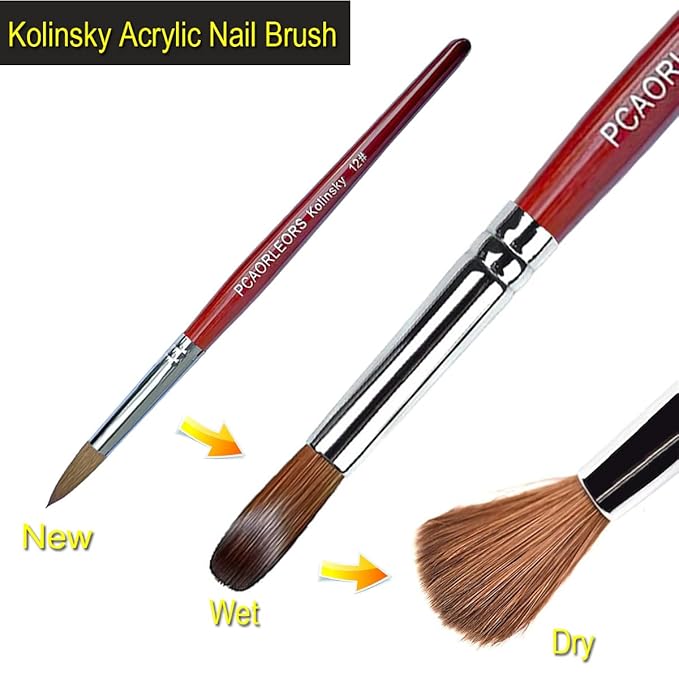 Acrylic Nail Brush with Pure Kolinsky Sable Hair and Red Wood Hand, Round/Flat Professional Gel Brush for Acrylic Power and Nail Extension Size #8,10,12 (2Pack(#12))