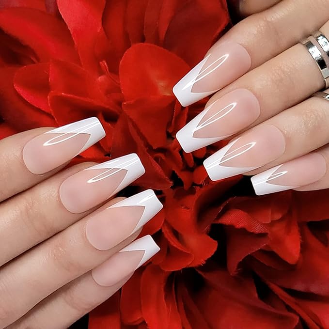 Hypnaughty 24 Pcs Modern White French Coffin Press On Nails with Design and Glue Medium Long Glue on Nails Nude Color False Nails (Modern White French)
