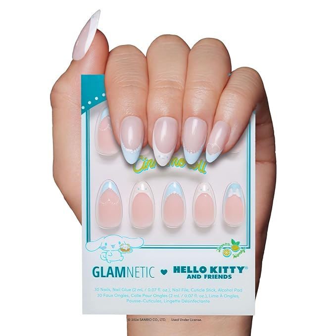 Glamnetic x Hello Kitty® and Friends Press On Nails - Cinnamoroll™ French Tip | Short Almond Blue 3D French Tip Graphic Fake Nails in a Glossy Finish | 15 Sizes - 30 Nail Kit with Glue