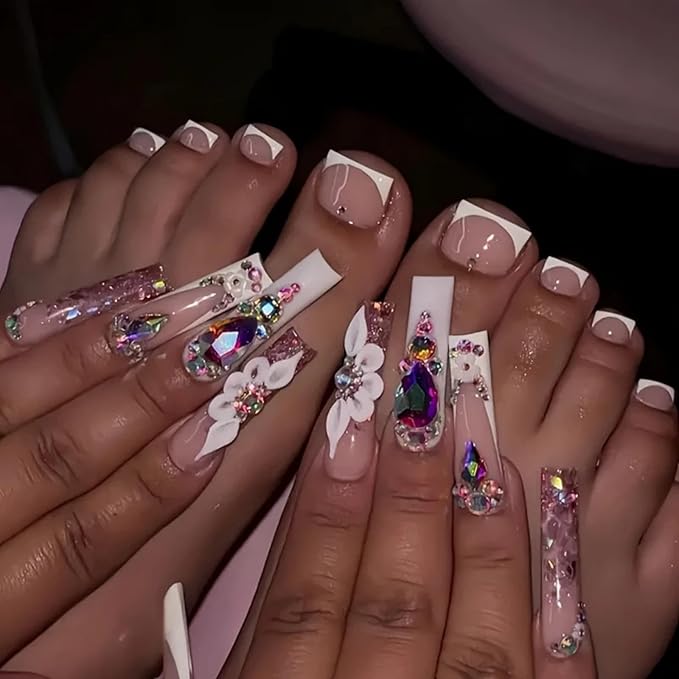 White French Tips Press on Toenails Colorful Gem Press on Nails Long Square False Nails with Flower Charm Design Pearl Fake Toenails Glossy Spring Summer Fake Nails for Women Girls Manicure 48Pcs