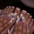 White French Tips Press on Toenails Colorful Gem Press on Nails Long Square False Nails with Flower Charm Design Pearl Fake Toenails Glossy Spring Summer Fake Nails for Women Girls Manicure 48Pcs