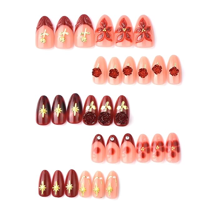30Pcs Valentines Fake Nails Medium Almond Press on Nails 3D Flower Nails Press Ons wih Rose Design French Tip Glue on Nail Star False Nails Glossy Stick on Nail for Women Decoration Set