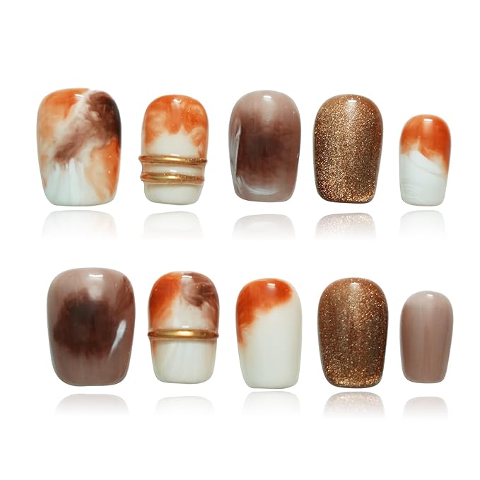 Brown Press on Nails Extra Short Coffin Nails, Handmade 3D Gold Lines & Marble Watercolor Ombre Design Glitter Artificial Luxury Acrylic Nail Set (Vintage Gold-Brown,S)