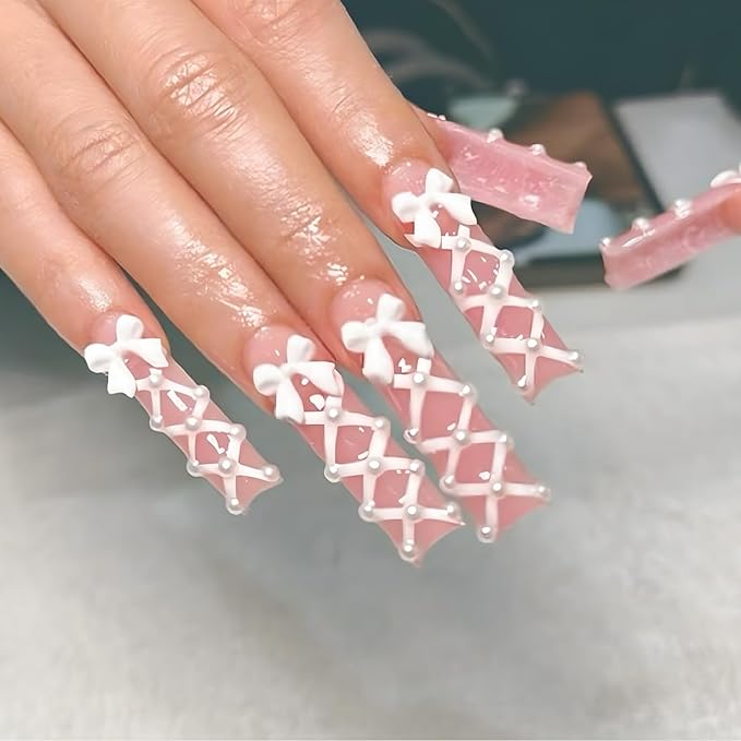 Long Press on Square Nails, 24pcs Pink Artificial Nails with White Bow Designs, Acrylic Material, Full Cover Nail, Press-On False Nails