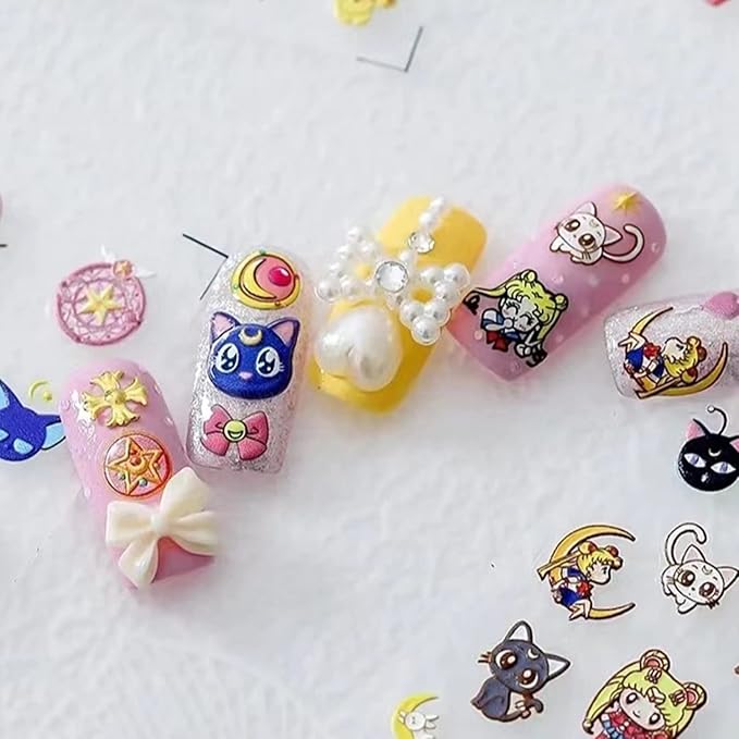 New Cartoon Anime Princess Moon Hare Nail Sticker Decals 5D Embossed(2 Sheets) + 3D Diamond Nail Art Accessories(4 Pcs)