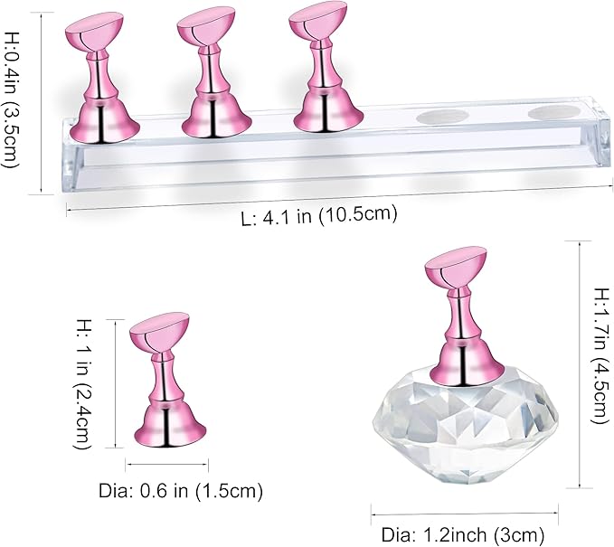Nail Holder for Nail Art Practice, Nail Stands for False Nails Painting, 30 pcs of adhesive putty 1 Crystal Base 2 Sets Magnetic Acrylic (Metal Pink)