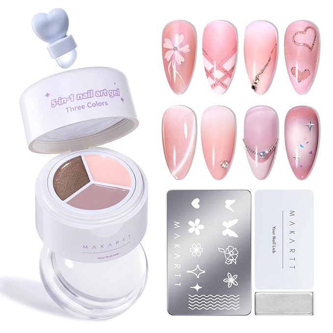 Makartt 5-in-1 Nail Art Gel: ColorPot 3 Colors Gel Nail Polish No Wipe with Nail Stamp for Stamping, French Tips, Ombre Patting, Painting & Sculpting with Silicone Head for Diy Nails at Home Salon