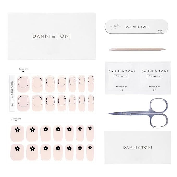 DANNI & TONI Semi Cured Gel Nail Strips Black Flowers (Floral Glint) Nude Gel Nail Wraps UV Nails 28 Stickers Gift for Women