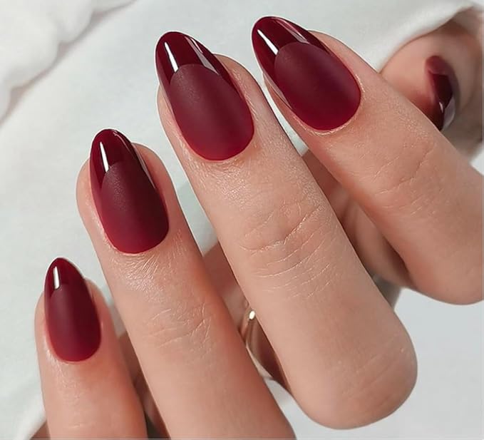 LAMIMOSA 32Pcs Burgundy Red French Tip False Nails - Short Almond Press on Nails kit with Glue, Soft Gel Fake Nails in 16 Sizes, Reusable Stick on Nails kit, RED HEELS
