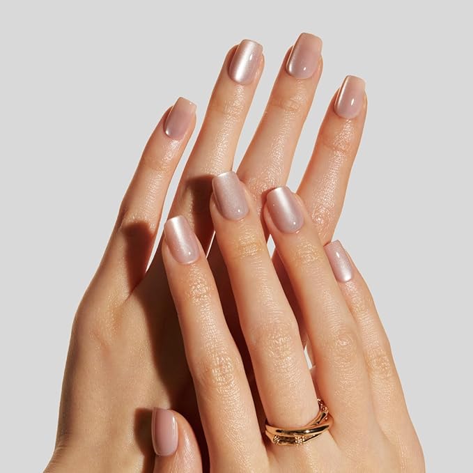 LAMIMOSA 32Pcs Nude Cat Eye Press On Nails Short Square – Soft Gel Glittery Fake Nails in 16 Sizes, Reusable Neutral Glue on Nails Kit, SILK MIRAGE