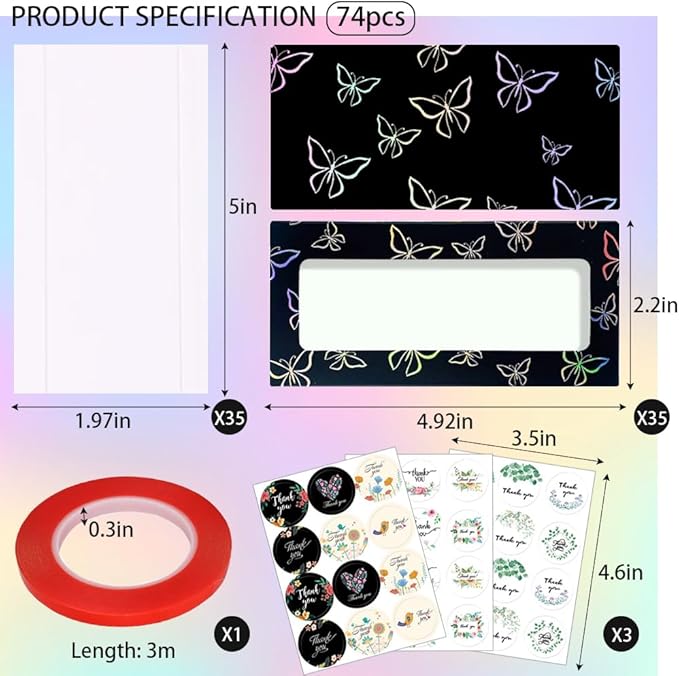 74PCS Press on Nails Packaging Box Set Includes 35PCS Empty Nail Package Box 35PCS White Background Paper 1 Double Sided Tape and 3 Thank You Stickers for Press on Nail Business