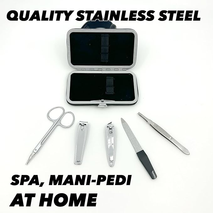 Earth & I 6 Piece Manicure Pedicure Kit, Professional Nail Care and Grooming Tools with Fingernail and Toenail Clippers, Mens Self Care, Travel Mens Toilettries in Hard Leatherette case