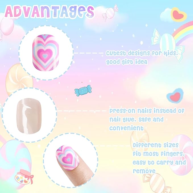 Laza Children Nails Press On Pre-glue Full Cover Sweet Glitter Love Gradient Short False Nail Kits for Kids Teenager Girls-Sweetie Hearts