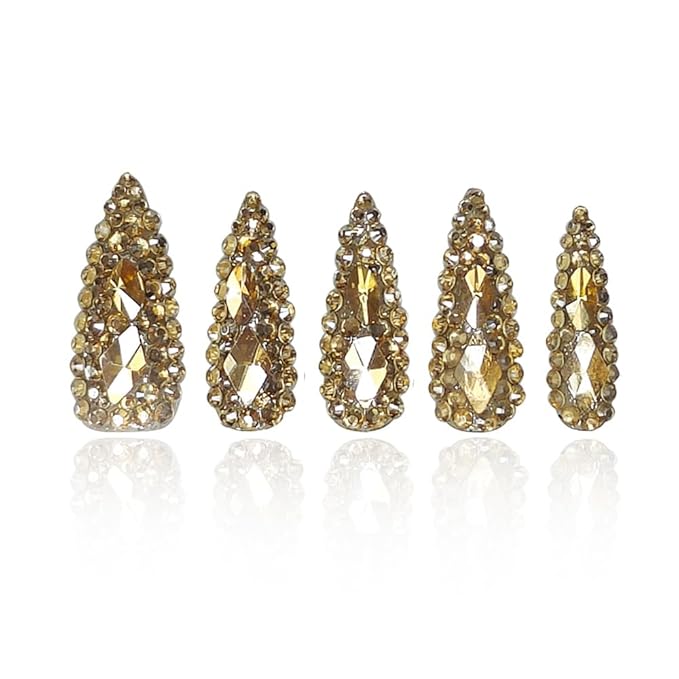 2025 New Full Diamond Medium Almond Press on Nails Reusable PMMA Acrylic Handmade Nails Full Deluxe 3D Crystal Fake Nails w/Box Gift for Women (Gold, Short)