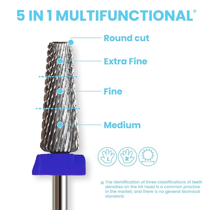 16mm 5 in 1 Tapered Barrel Nail Drill Bits, 3/32'' Safety Tungsten Carbide Bits, Right & Left Rotation, Manicure Cuticle Gel Acrylic Removal Polishing, Technicians Bits, Medium