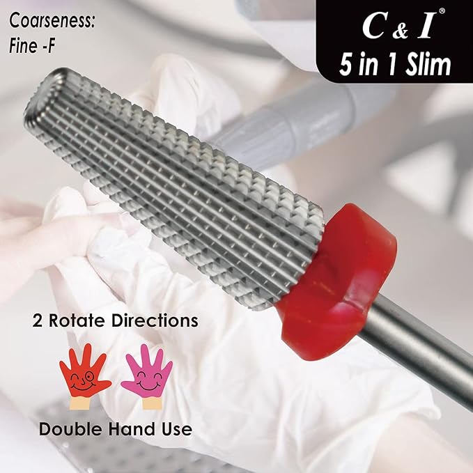 C & I 5 in 1 Nail Drill Bit, Slim Edition, Professional Manicure Drills for Electric Nail Drill Machine (Fine -F)
