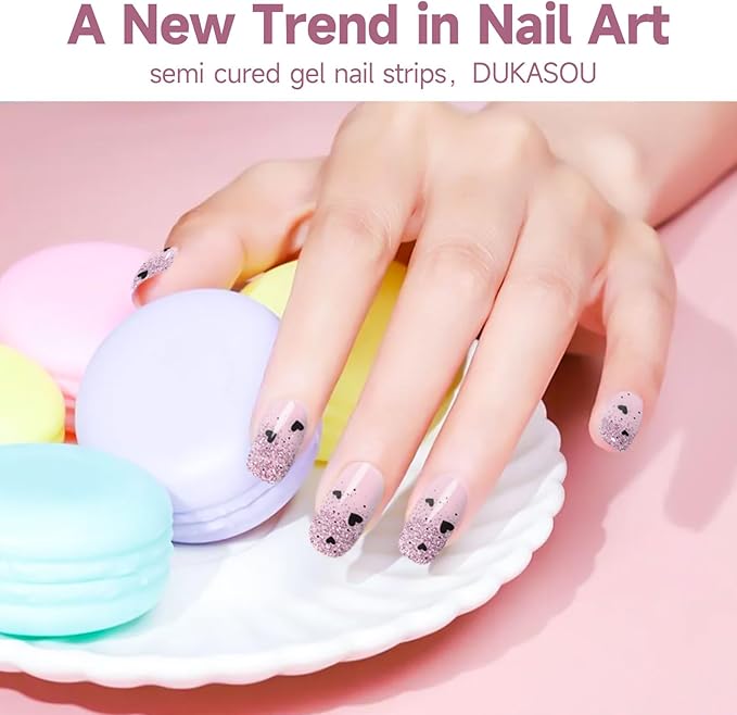 Semi Cured Gel Nail Strips,28 Pcs Valentine's Day Gel Nail Stickers/Wraps,Long Lasting Polish Stickers UV Light Requried,Easy to Apply for Wedding