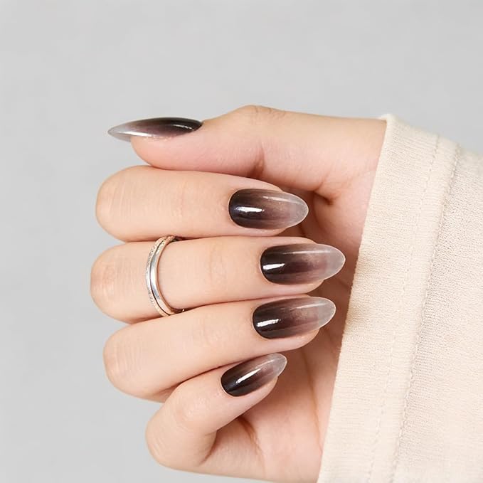 Black White Ombre Press on Nails, Medium Reusable & Natural Acrylic False Nails, Stick on Nails for Women Gift, Glue on Nails Kit 30 Pcs