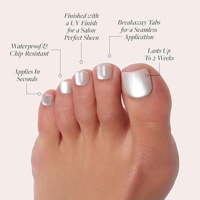 Glamnetic Press On Toenails - Pure Intentions | Subtle Iridescent Nude Sparkle Fake Toe Nails in a Glossy Finish | 16 Sizes - 32 Toe Nail Kit with Glue