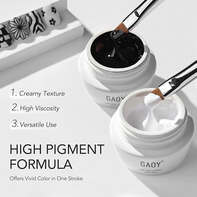 GAOY Black & White Painting Gel for Nail Art, No Wipe Creamy Gel Polish for Lines, Floral Designs, Patterns or French Nail Salon and Home DIY, UV Light Cure