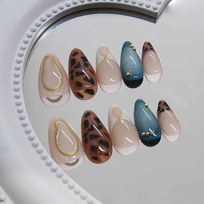 Press On Nails Medium Almond MABKJLF French Tip False Nails with Designs Leopard Print Cheetah Print Embossed Swirl Glossy Glue on Acrylic Nails for Women Girls 24 Pcs