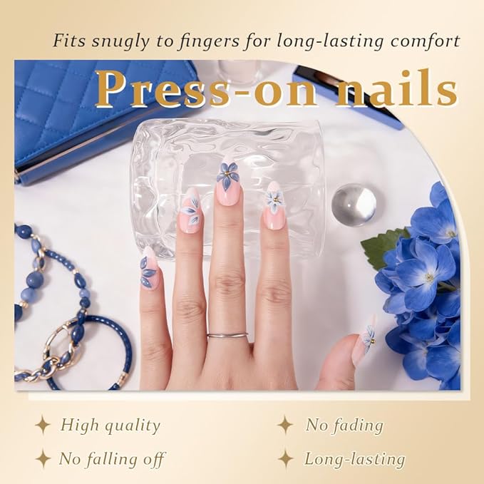 3D Press on Nails Short Almond with Blue Flower Design, Pink Nail White Tip Press ons Glossy Stick on Nails for Women with Kit, Reusable Soft Gel Stick on Cute Fake Nail with Designs Perfectly Fit