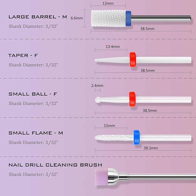 20pcs Nail Drill Bits Set,3/32inch Professional Ceramic Safety Bits for Nail Drill, Cuticle Electric Nail File Acrylic Gel Nail Bit Kit,Remover Bits for Acrylic Gel