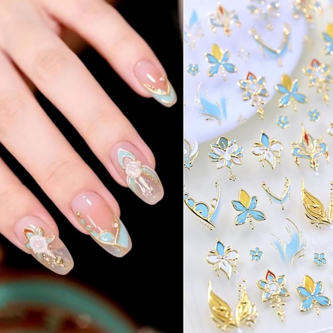 Flower Nail Stickers 5D Embossed Blue Gold Floral Nail Decals 3D Self-Adhesive Chinese Style Nail Supplies Aurora Lotus Flower Nails Designs for Women Girls DIY Manicure 1 Sheet