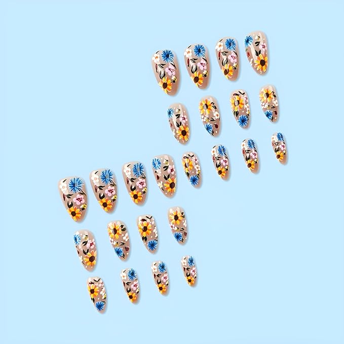 Flower Press on Nails Medium Almond Fake Nails Colorful Flower Nails Press Ons Glossy False Nails Summer Spring Glue on Nail DIY Acrylic for Women and Girls Decorations Set 24Pcs