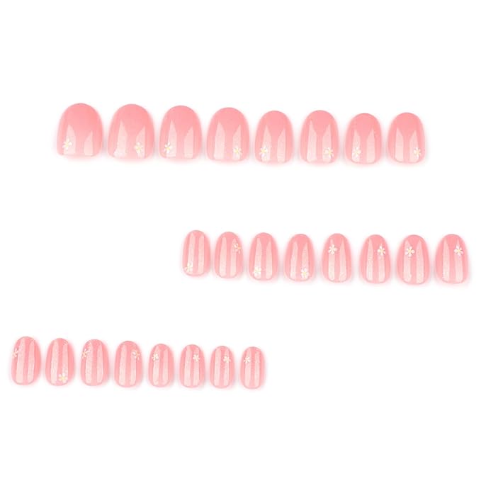 Pink Glitter Press On Nails Almond Squoval, White Flower Pattern Designer Reusable Acrylic Nails Press Ons, Fake Nails With Glue On, Daily Wear Floral False Nails For Women