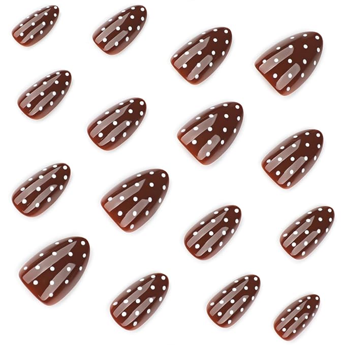 Polka Dot Press on Nails Short Almond Fake Nails Brown Nails Fall Winter False Nails Press ons with Polka Dots Design Glossy Acrylic Full Cover Reusable Stick on Nail for Women Girls Manicure 24Pcs